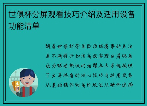 世俱杯分屏观看技巧介绍及适用设备功能清单
